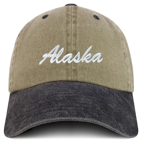 Trendy Apparel Shop Alaska State Embroidered Low Profile Adjustable Cotton Cap - color: Khaki Black