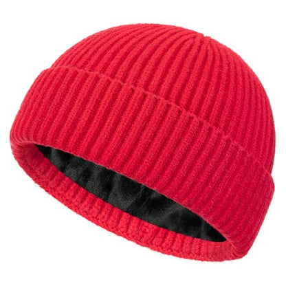 Fleece Lined Wool Short Fisherman Beanie Men Women Cuff Winter Hat - color: 1pc-red