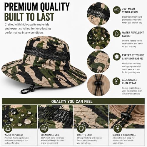 Camo Bucket Sun Hat with Mesh Band and Chin Strap, Wide Brim Boonie Hat for Outdoor Activities - color: Woodland White Camo