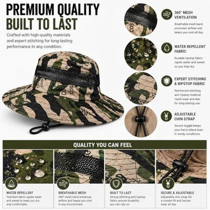 Camo Bucket Sun Hat with Mesh Band and Chin Strap, Wide Brim Boonie Hat for Outdoor Activities - color: Woodland White Camo