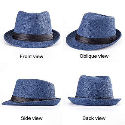 XL Straw Fedora Hats for Men Summer Trilby Beach Travel Panama Casual 7 1/2 - color: Navy