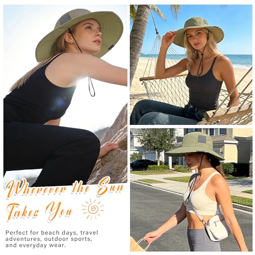 Tirrinia Sun Hats for Women, Wide Brim Hat with Ponytail Hole - color: Olive-22.44‘’head