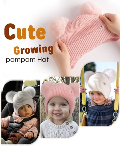 FURTALK Baby Winter Hat Pom Pom Beanie with Fleece Lined Toddler Warm Cap - color: White+pink, size: 6-24 Months