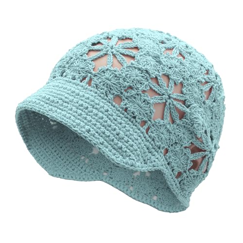 ZLYC Women Summer Slouchy Crochet Hat Handmade Cutout Skull Cap with Visor - color: Plain Light Blue, size: One Size