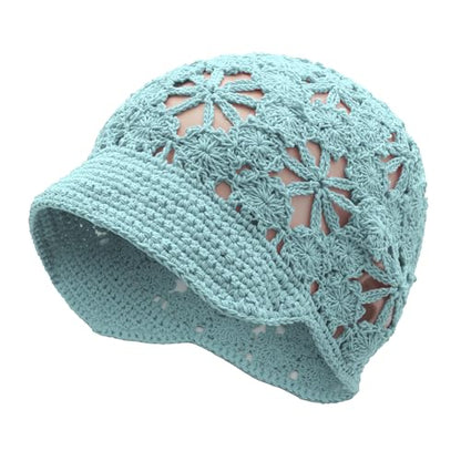 ZLYC Women Summer Slouchy Crochet Hat Handmade Cutout Skull Cap with Visor - color: Plain Light Blue, size: One Size