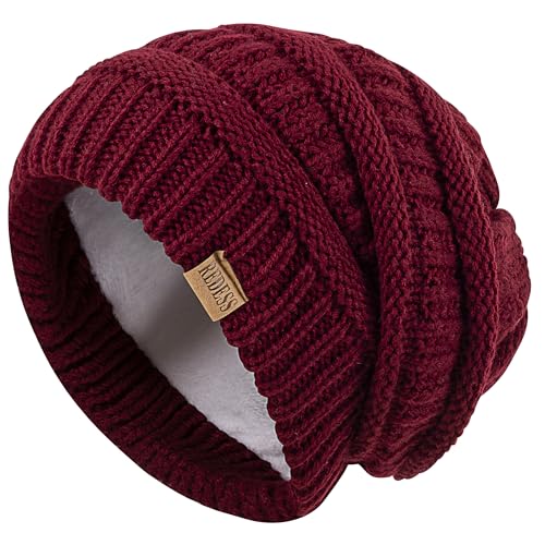REDESS Slouchy Beanie Hat for Men and Women Winter Warm Knit Hat Chunky Soft Oversized Cable Cap - color: B3 Wine Red