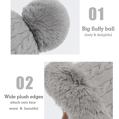 Womens Faux Fur Hat with Fluffy Pompom for Winter Fuzzy Knitted Beanies Skull Cap Warm Earflaps Cold Weather Cute - color: Grey