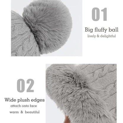Womens Faux Fur Hat with Fluffy Pompom for Winter Fuzzy Knitted Beanies Skull Cap Warm Earflaps Cold Weather Cute - color: Grey