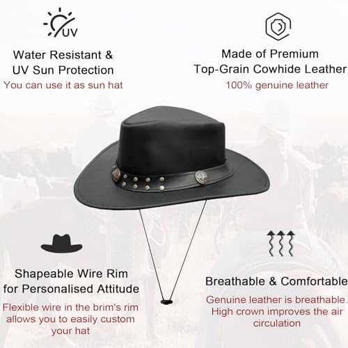 Leather Cowboy Hat for Men Women Western Australian Outback Hat with Shapeable Wide Brim, Aussie Style Leather Hat - color: Black, size: XX-Large
