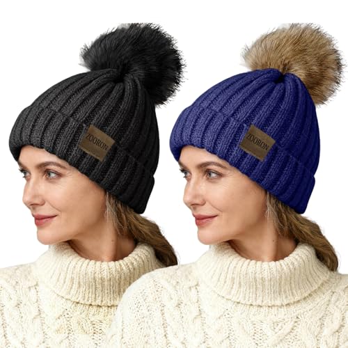 ZOORON Beanies for Womens Winter Knitted Beanies Hats with Faux Fur Pom Warm Knit Skull Cap - color: 2pack-black+navy