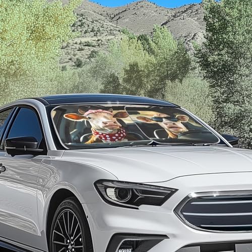 Renewold Funny Cow Animal Driving Car Windshield Sun Shade Auto Front Window Sunshade Keep Vehicle Cool Sun Visor Shield for Most SUV Van Sedan Trucks Block Sunlight Heat Outdoor Car Accessories - color: Funny Cow Animal Driving