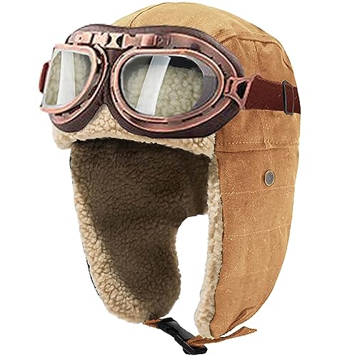 Peicees Aviator Hat and Goggles Pilot Costume Set for Adult Men and Women - style: Khaki Hat+copper Frame/Clear Lens