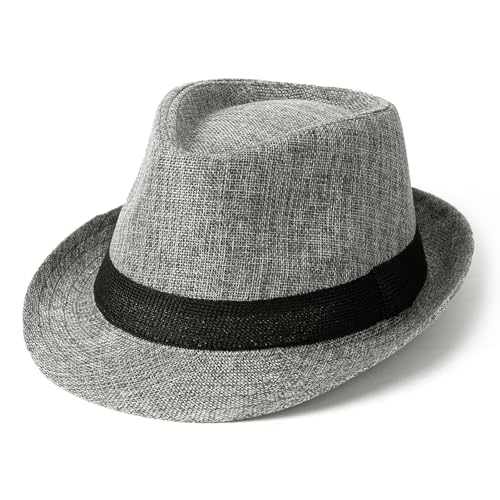 Lisianthus Mens Short Brim Summer Panama Fedora Trilby Sun Hat - color: Grey With Black Band