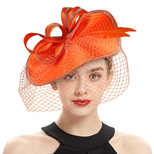 Beaupretty Fascinators Hat Headband - Fascinators Headpiece Fascinators Hat for Women Girls Veil Mesh Headband Tea Party Hat - color: Orange