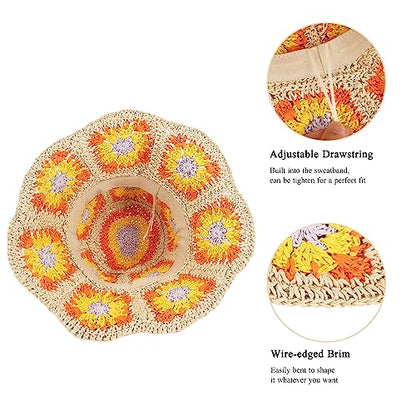Womens Multicolor Floral Crochet Straw Sun Hat Wide Brim Summer Beach Hat - color: Orange
