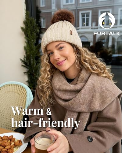 FURTALK Womens Winter Beanie Hat Satin Lined Faux Fur Pom Pom Beanies Hat for Women Winter Warm Knit Hats - color: Beige