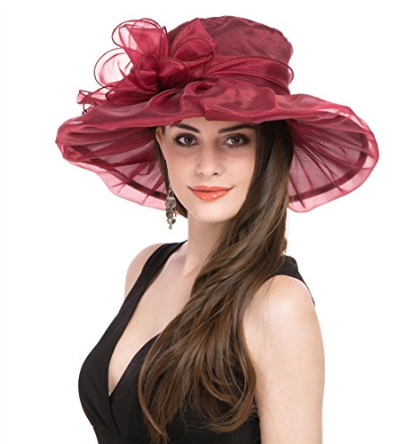 Haojing Women's Organza Church British Fascinator Bridal Tea Party Wedding Hat Summer Ruffles Cap - color: Hjh-burgundy Bowknot