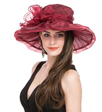 Haojing Women's Organza Church British Fascinator Bridal Tea Party Wedding Hat Summer Ruffles Cap - color: Hjh-burgundy Bowknot