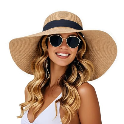 Barelove Sun Straw Hat Wide Brim Shape Hat with UPF 80+, Packable Foldable Floppy Summer Beach Hat for Women Men - color: Khaki-wide