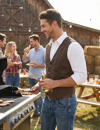 COOFANDY Men's Western Vest Suede Cowboy Vest Casual Slim Fit Waistcoat - color: 01_coffe, size: Large
