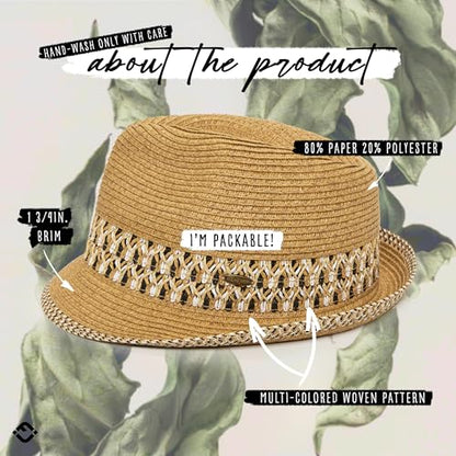 Funky Junque Short Brim Fedora Packable Sun Hat for Women - color: Brown