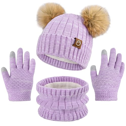 Kids Winter Hat Gloves Scarf Set Girls, Children Beanies Hats with Pom Pom - color: Purple Mix