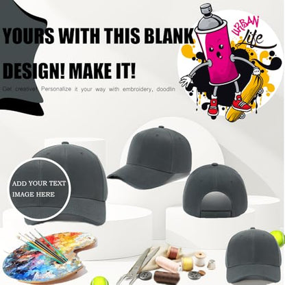 ZH Plain Adjustable Baseball Cap - Lot of 12 Unisex Blank Design Caps - color: Dark Gray
