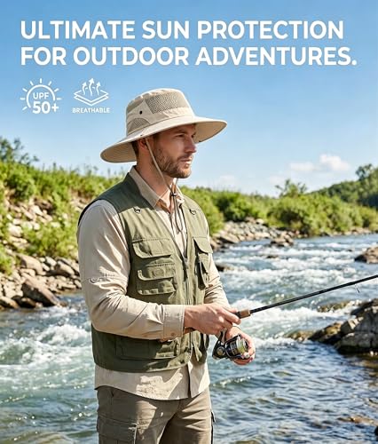 Sun Bucket Hat for Men Women Wide Brim UPF 50+ UV Protection Waterproof - color: Khaki