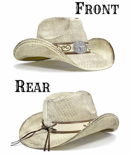 FLUFFY SENSE. Cowboy Hats for Women and Men - Distressed Straw Western Hat with Shapeable Brim for Cowboys and Cowgirls - color: Distressed Cream White