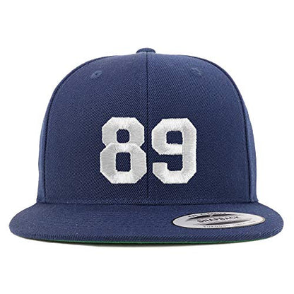 Trendy Apparel Shop Number 89 White Thread Embroidered Flat Bill Snapback Baseball Cap - color: Navy