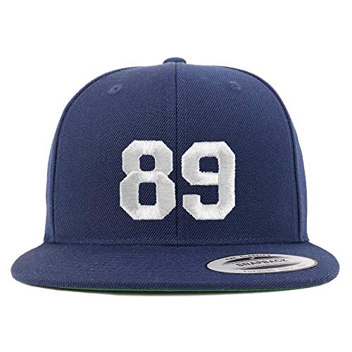 Trendy Apparel Shop Number 89 White Thread Embroidered Flat Bill Snapback Baseball Cap - color: Navy