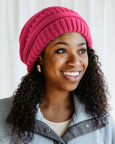 FURTALK Winter Beanie Hat for Women Satin Lined Cable Knit Chunky Slouchy Beanies Skull Warm Cap - color: Rose