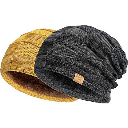 Vgogfly Slouchy Beanie for Men Winter Hats for Guys Cool Beanies Mens Lined Knit Warm Thick Skully Stocking Binie Hat Pairs - color: Black / Yellow