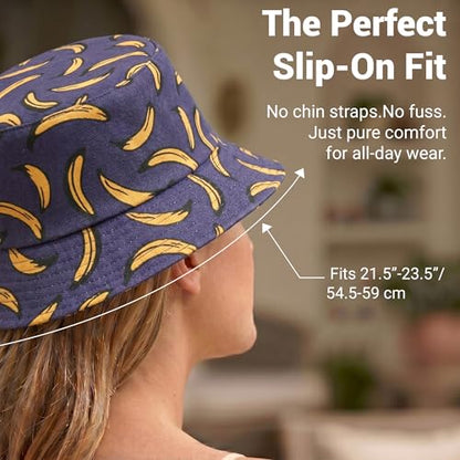 ZLYC Printed Bucket Hat for Women Men Packable Summer Sun Hat for Beach - color: Banana-navy