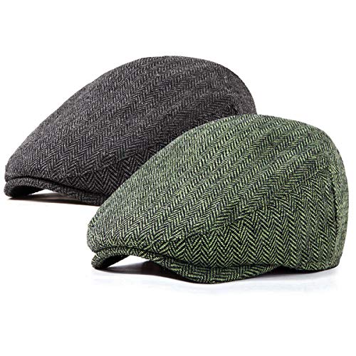 2-Pack Adjustable Newsboy Hats for Men Flat Cap Irish Wool Blend Tweed - color: 003 Black+green 2pack, size: X-Large
