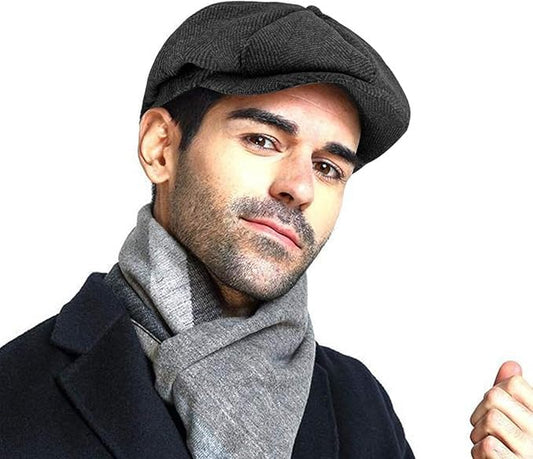 Wool Tweed Newsboy Cap for Men Paperboy Warm Winter Hat Vintage Flat Ivy Cabbie Gatsby Cap - color: Herringbone-darkgrey, size: Medium-Large