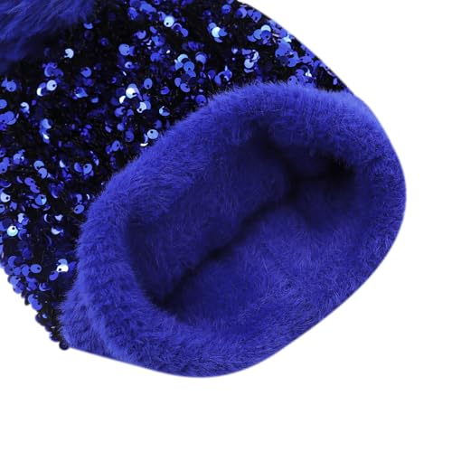 Women Girls Winter Sequin Beanie Hat with Faux Fur Pom Pom Knit Skull Cap - color: Blue