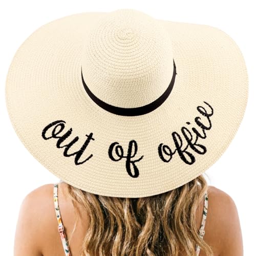 DRESHOW Big Straw Sun Hats for Women Floppy Foldable Roll up Beach Cap Sun Hat UPF 50+ Vacation Honeymoon Embroidered Hat - color: Ae Out of Office: Beige