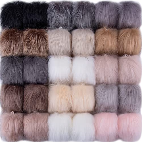 SIQUK 30 Pieces Faux Fur Pom Pom Balls Fluffy Pom Pom with Elastic Loop Pom Pom for Hats Beanie Shoes Scarves Gloves Bags Accessories(15 Colors, 2 Pcs for Each Color) - color: Soft Color
