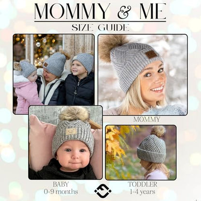 Funky Junque Mommy & Me Double Pom Beanies 3-Pack Matching Winter Hats for Mom, Toddler & Infant Girls, Cozy Knit Family Set - color: Diagonal Basketweave - Heather Grey