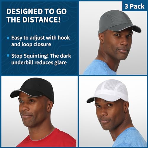 TrailHeads Men's Race Day Running Hat, Quick Dry, Moisture Wicking - color: White Charcoal & Black 3-pack