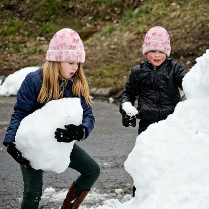 Kids Beanie Knit Hat Winter Unisex Cuffed Beanies Skull Cap Warm Double Layer Thick Acrylic Cute for Girls Boys - color: Pink Bowknot