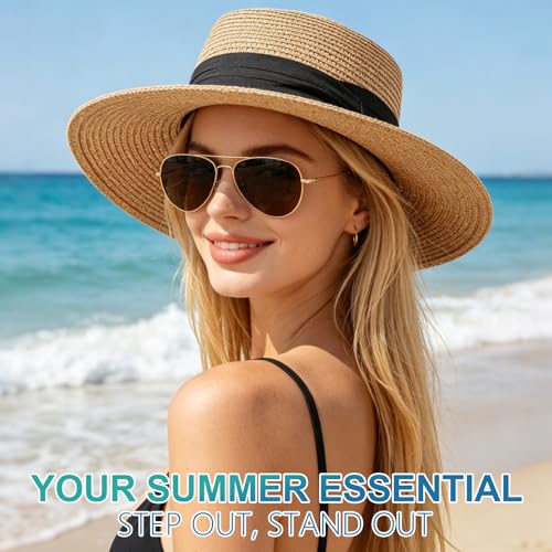 DRESHOW Women Straw Panama Hat Travel Fedora Beach Sun Hat Summer Wide Brim Straw Roll up Hats UPF 50+ - color: Fedora L Khaki