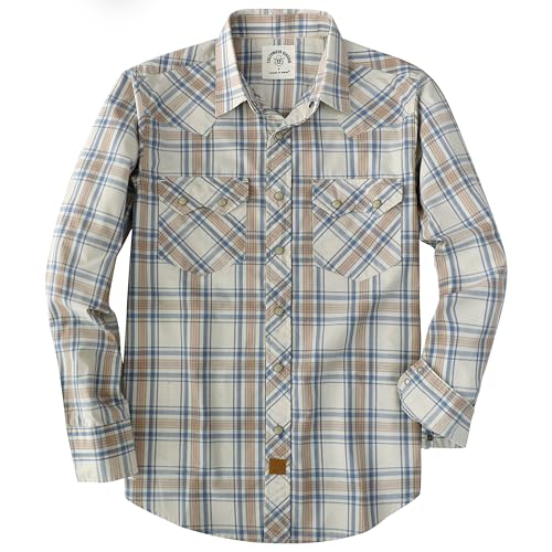 Dubinik® Pearl Snap Shirts for Men Long Sleeve Lightweight Casual Western Plaid Cowboy Cotton Vintage Work Shirt - color: Beige and Blue, size: Large