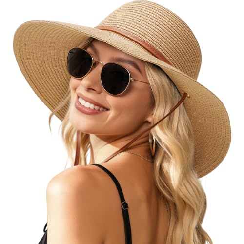 Tavaleu Beach Sun Straw Hat Wide Brim UV Protection for Women Foldable - color: Khaki