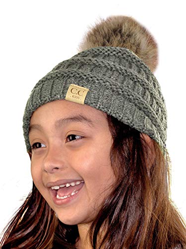 C.C Children's Kids' Soft Stretch Cable Knit Faux Fur Pom Beanie Hat - color: Light Melange Gray