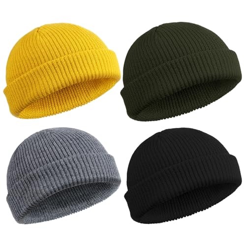 SATINIOR 4 Pieces Trawler Beanie Watch Hat Roll up Edge Skullcap Fisherman Beanie Unisex - color: Black, Army Green, Dark Gray, Yellow, size: One Size