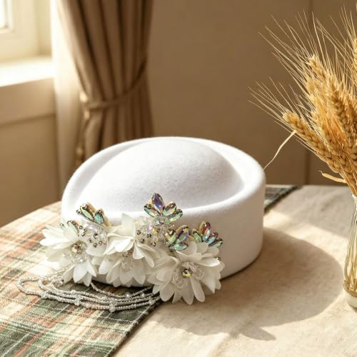 Women's Retro British Felt Headscarf Hat Church Derby Headdress with Floral Women's Soft Beret - color: 02 White
