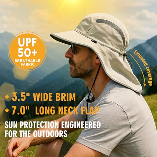 TOP-EX Wide Brim Sun Hat for Men Women with Neck Flap & Sunglass Lock - color: Beige, size: Medium-Large