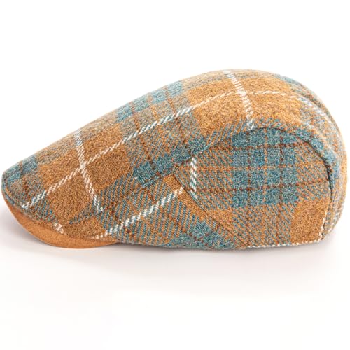 Men Wool Blend Flat-Top Tweed Newsboy Hat/Ivy Cap/Adjustable Plaid Driver's Hat - color: Khaki